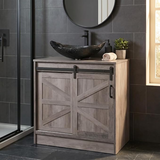 30" Barn Door Bathroom Vanity, Farmhouse Style Standing Pedestal Cabinet with Silver Leaf Vessel Sink