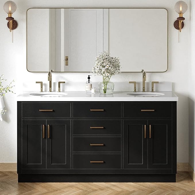 ARIEL Hepburn 66-inch Bathroom Vanity with Sink,Solid Wood, 1.5-inch Pure White Quartz Countertop & Backsplash, Double Oval Porcelain Sink, 4 Soft Closing Doors, 6 Dovetail Drawers, Black