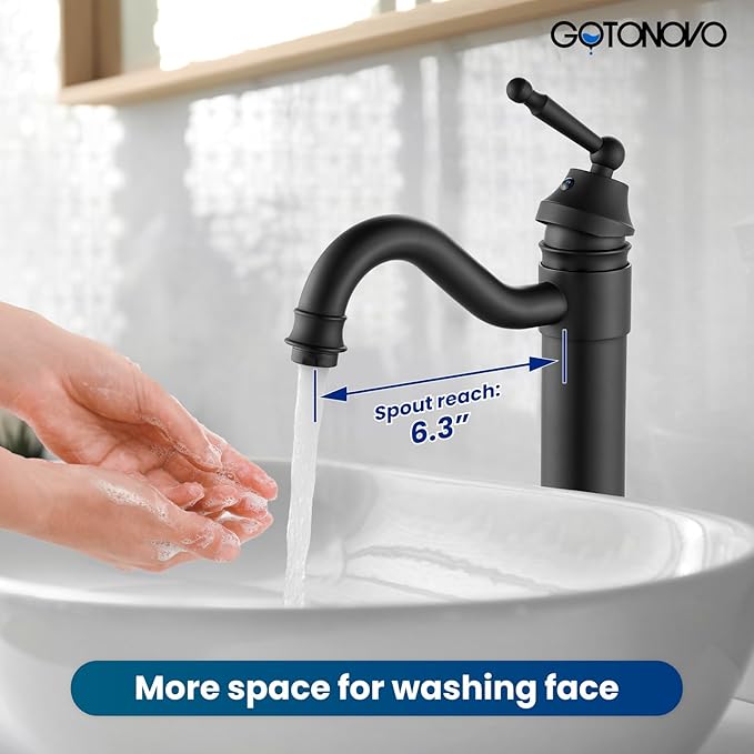gotonovo Bathroom Vessel Sink Faucet Single Handle Brass Long Reach Bathroom Faucet 1 Hole Deck Mounted Mixer Tap with Pop Up Drain Matte Black