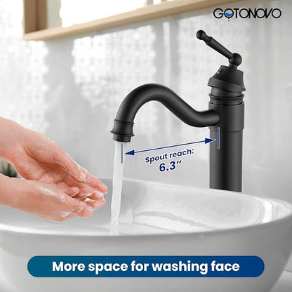 gotonovo Bathroom Vessel Sink Faucet Single Handle Brass Long Reach Bathroom Faucet 1 Hole Deck Mounted Mixer Tap with Pop Up Drain Matte Black