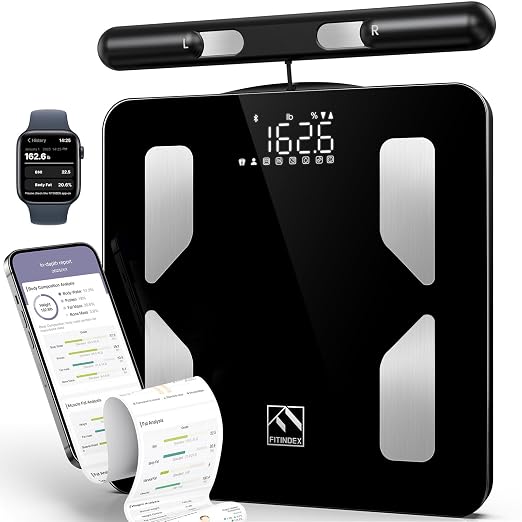 FITINDEX Body Pod Smart Scale, 8-Electrode, BMI & Body Fat, Large Platform | Body Composition Analyzer with Handle, Digital Bathroom Scale for Segmental Fat & Muscle Mass Tracking, Home Use, Black