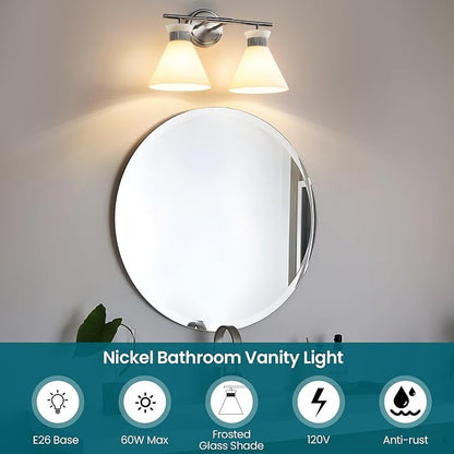 WOSHITU Bathroom Vanity Light Fixtures - Brushed Nickel Bathroom Lighting Fixtures Over Mirror 2-Lights with Modern Milky White Frosted Glass Shade, Mid Century Wall Light 17.3in (Exclude E26 Bulb)