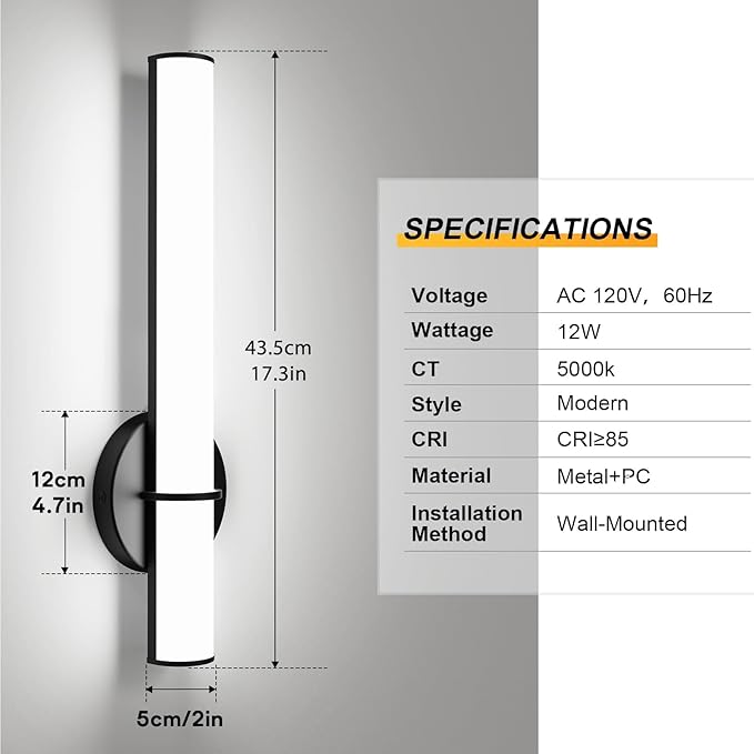 OOWOLF 2-Pack 17.3” LED Vanity Light, 12W 1200LM 5000K Daylight Dimmable Bathroom Light Vertical or Horizontal, Modern Bathroom Led Wall Sconces, Energy Saving, for Mirror Bedroom Living Room Hallway
