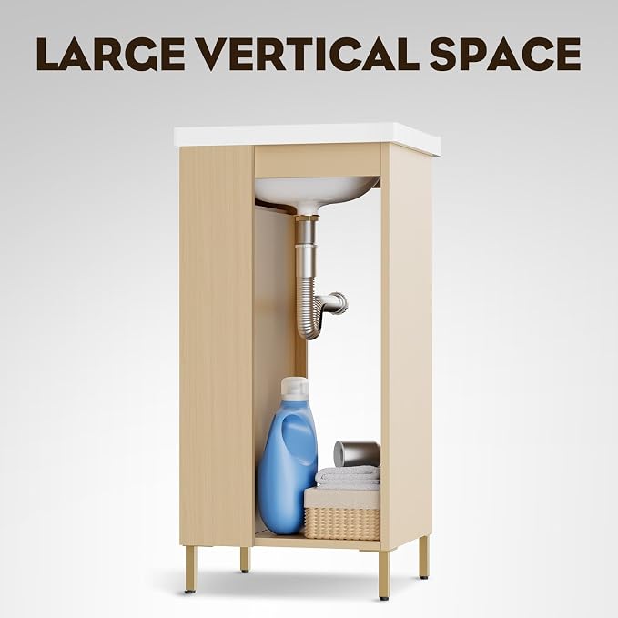 Pre-Assembled 16 Inch Small Bathroom Vanity, Freestanding Oak Bathroom Cabinet with Ceramic Sink, Soft-Close Door, Left Side Storage, No Faucet, BV05-16-OAK-PLUS