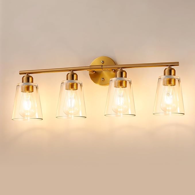 TALOYA 27 Inch Brushed Gold Bathroom Light Fixtures with Thickend Clear Tapered Glass Shade, 4-Light Modern Vanity Light Over Mirror for Bathrooms, Bedrooms (Bulbs Not Included)