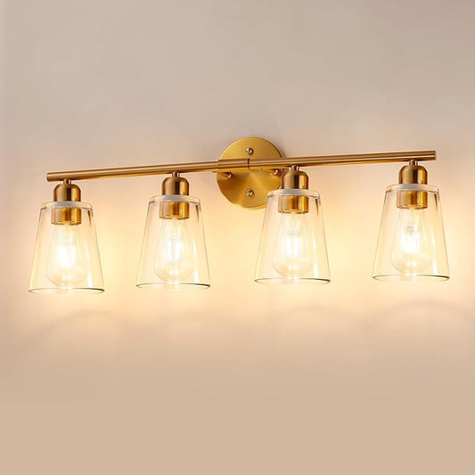 TALOYA 27 Inch Brushed Gold Bathroom Light Fixtures with Thickend Clear Tapered Glass Shade, 4-Light Modern Vanity Light Over Mirror for Bathrooms, Bedrooms (Bulbs Not Included)