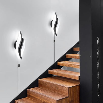 CANEOE Plug in Wall Sconces Set of Two 6000K Black Modern LED Wall Light Fixtures Acrylic Wall Sconce Lighting for Living Room Bedroom Bedside Bathroom Hallway Stairway Wall Lamp