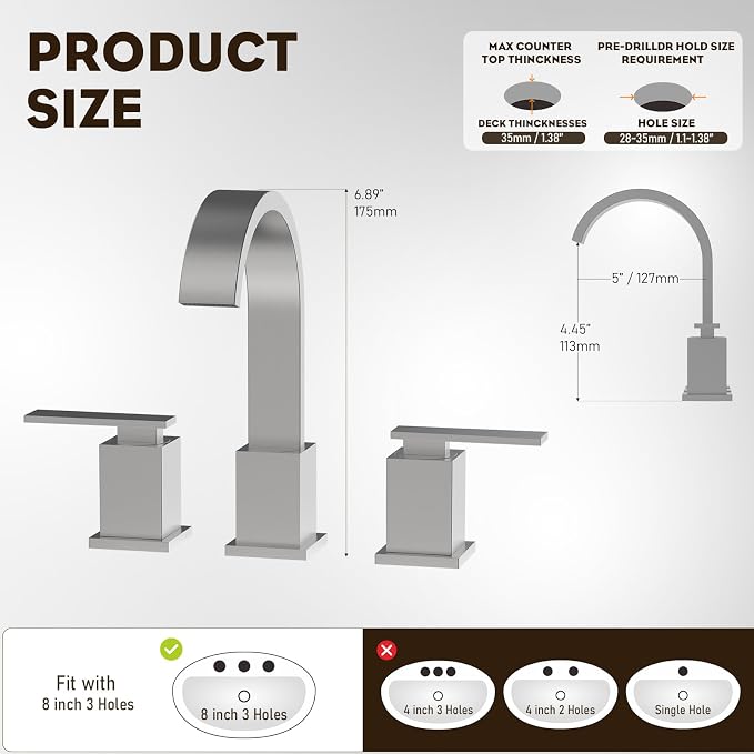Brushed Nickel 3 Hole Bathroom Faucet 8 Inch Waterfall Vanity Faucet, Bathroom Sink Faucet with Pop Up Drain and Water Supply Line, WF011-BN