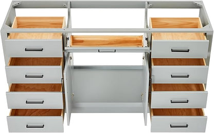 ARIEL Hepburn 66-inch Bathroom Vanity Base Cabinet,Solid Wood, 2 Soft Closing Doors, 9 Dovetail Drawers, Grey