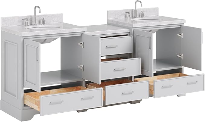 ARIEL Stafford 84-inch Bathroom Vanity with Sink,Solid Wood, 1.5in Italian Carrara Marble Countertop & Backsplash, Double Oval Porcelain Sink, 4 Soft Closing Doors, 5 Dovetail Drawers, Grey