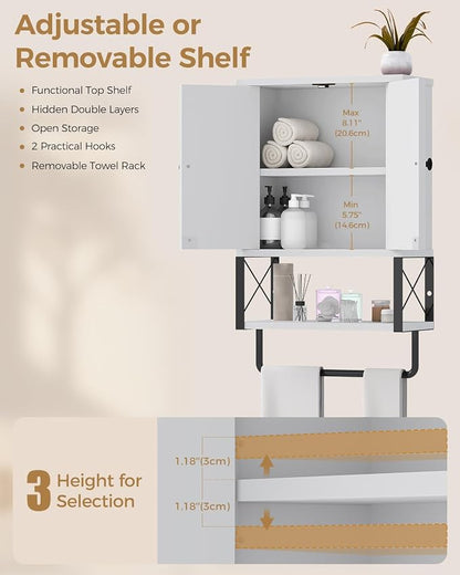 Bathroom Wall Cabinet, White Medicine Cabinet with Towel Rack | 2 Doors & Adjustable Shelves 2 Hooks, above toilet storage cabinet, for Bathroom Laundry Room, Living, Kitchen UXYYG024W