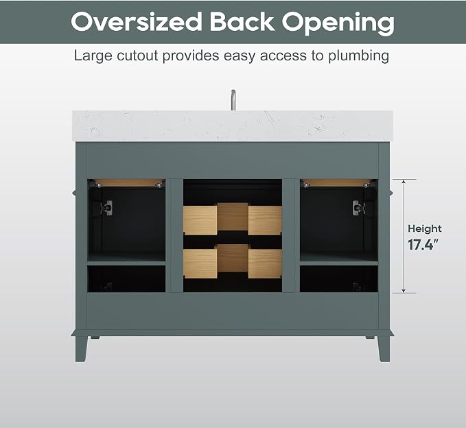 48 Inch Fully Assembled Bathroom Vanity with Sink, Green | Solid Wood, 0.78" Stone Top, Backsplash, Soft Close Doors, Dovetail Drawers, Large Storage, Modern Bathroom Upgrade