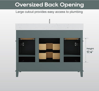 48 Inch Fully Assembled Bathroom Vanity with Sink, Green | Solid Wood, 0.78" Stone Top, Backsplash, Soft Close Doors, Dovetail Drawers, Large Storage, Modern Bathroom Upgrade