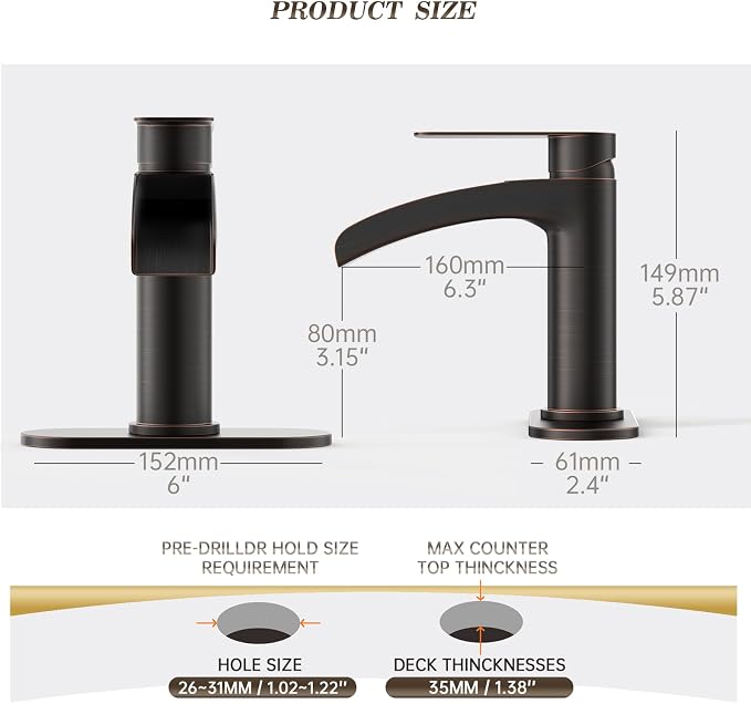 Oil Rubbed Bronze Waterfall Single Handle Bathroom Sink Faucet, with 6-Inch Deck Plate & Metal Pop Up Drain Assembly and CUPC Water Supply Lines,NS-SF01-ORB