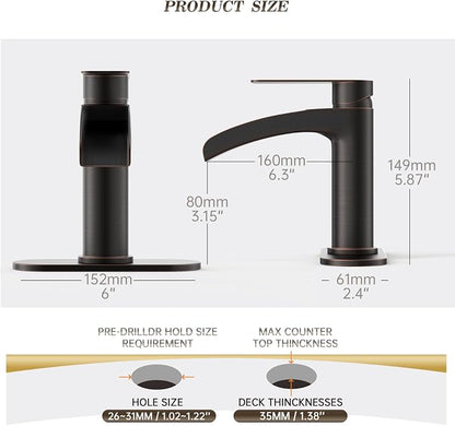 Oil Rubbed Bronze Waterfall Single Handle Bathroom Sink Faucet, with 6-Inch Deck Plate & Metal Pop Up Drain Assembly and CUPC Water Supply Lines,NS-SF01-ORB