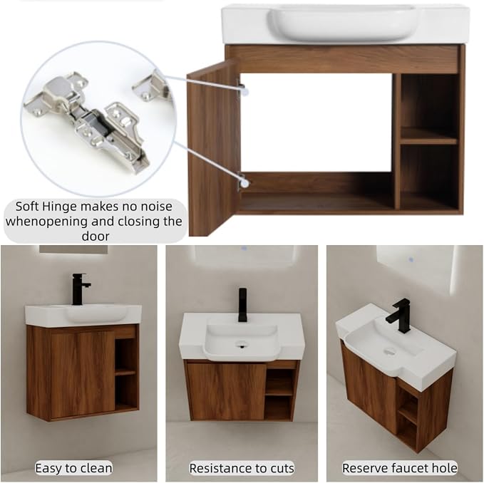28" Bathroom Vanity with Ceramic Sink, Farmhouse Cabinet, Brown | Small Wall - Mounted Vanity, Soft Close Door, Bottom Storage Space, Two Open Storage Shelves, 45° Inclined Edge Handle
