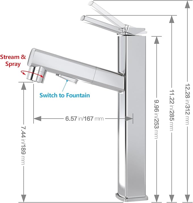 MIAOHUI Vessel Sink Faucet with Pull Out Sprayer, 3 Spray Mode Tall Bathroom Sink Faucet, High Bathroom Faucets for Sink 1 Hole, Single Handle Modern Vanity Faucet with Fountain Mode, Chrome