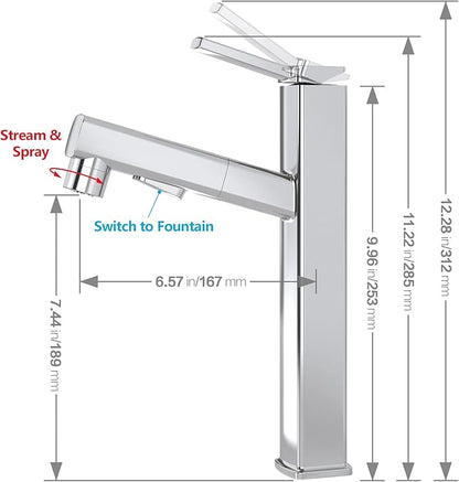 MIAOHUI Vessel Sink Faucet with Pull Out Sprayer, 3 Spray Mode Tall Bathroom Sink Faucet, High Bathroom Faucets for Sink 1 Hole, Single Handle Modern Vanity Faucet with Fountain Mode, Chrome