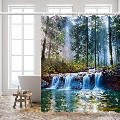 Waterfalls Shower Curtains Outdoor Natural Scenery Forest Sunshine Tree Plant Landscape Courtyard Bathroom Decor Polyester Fabric Curtain Set 86 x 70 Inch with Hooks
