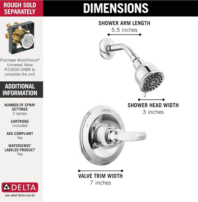 Delta Faucet Foundations 13 Series Single-Function Shower Trim Kit with Single-Spray Shower Head, Chrome BT1321 (Valve Not Included