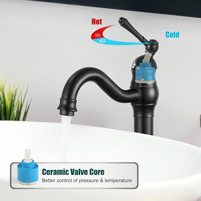 Heyalan Tall Vessel Sink Faucet, Single Handle 1-Hole,Matte Black | SUS304 stainless steel, 360° swivel spout, includes pop-up drain & hoses, deck mount 1-hole, tall design for vessel sink