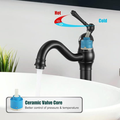 Heyalan Tall Vessel Sink Faucet, Single Handle 1-Hole,Matte Black | SUS304 stainless steel, 360° swivel spout, includes pop-up drain & hoses, deck mount 1-hole, tall design for vessel sink