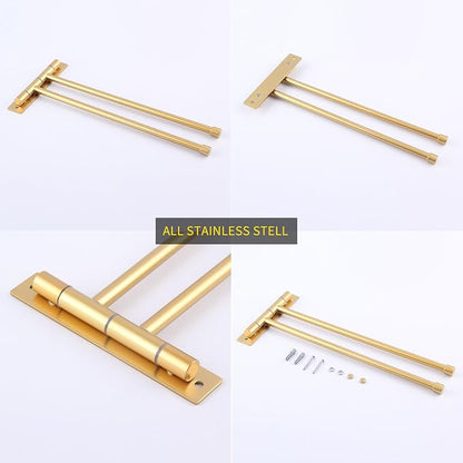 GERZWY Bathroom Swing Arm Towel Bars 2-Arm Wall Mount Stainless Steel Bath Towel Rack Hanger Towel Holder Organizer Gold Finished HYG02-BE