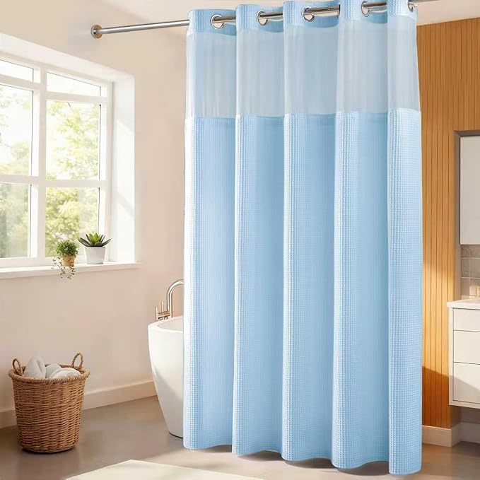 River Dream Cotton Blend Shower Curtain Set with Liner, Sky Blue, 71x86 | Waffle Weave, No Hook Needed, with Snap in Replacement Liner, Top Sheer Window, Hotel Quality for Bathroom, Extra Long