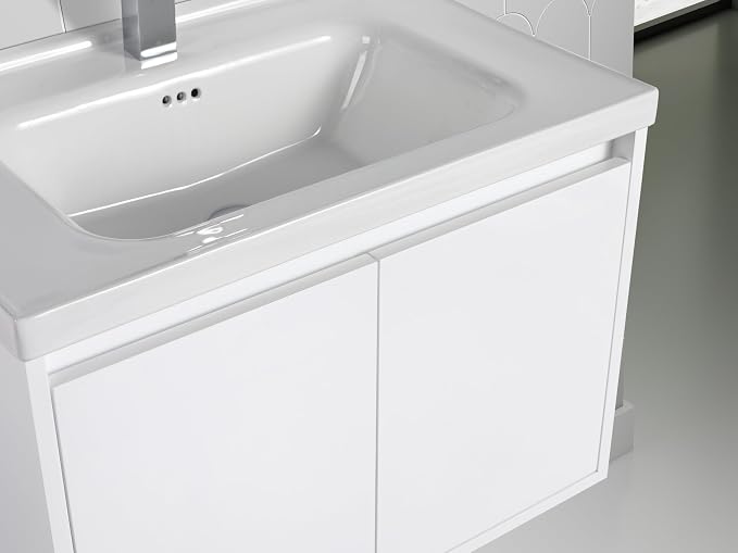 Blossom 24 Inch Glossy White Plywood Floating Bathroom Vanity with Ceramic Sink, Preassembled Wall Mounted Small Bathroom Vanity Cabinet with Soft Close Doors