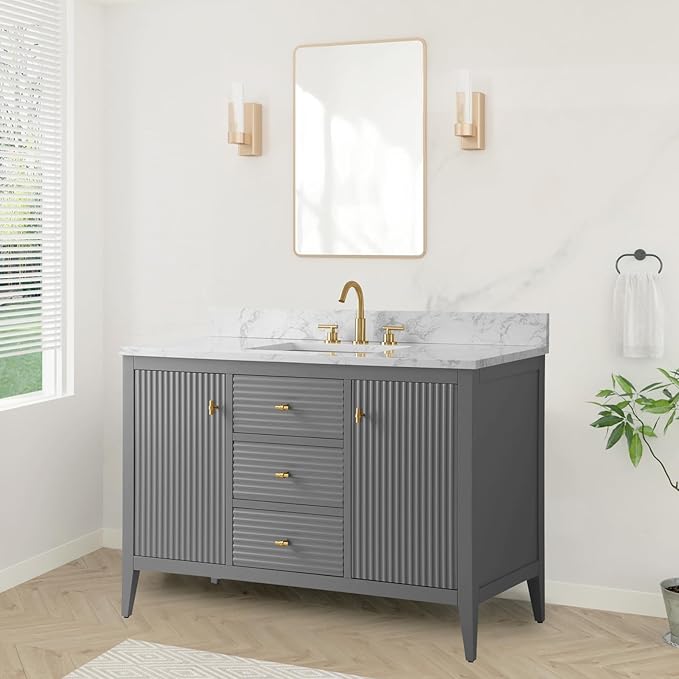 HOMEBEYOND 48" Bathroom Vanity with Sink, Solid Wood Bathroom Vanity Free-Standing Cabinet, Drawers, Ceramic Top & Soft Closing Door, Golden Brushed Handware, Cashmere Gray