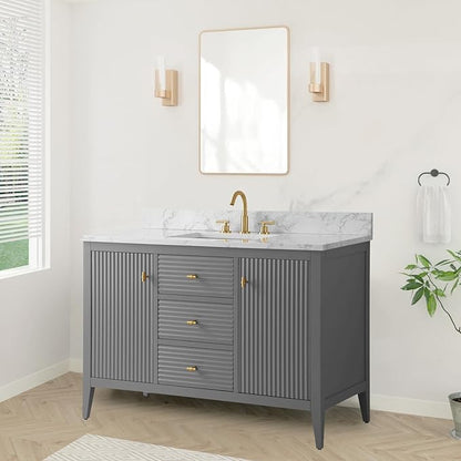HOMEBEYOND 48" Bathroom Vanity with Sink, Solid Wood Bathroom Vanity Free-Standing Cabinet, Drawers, Ceramic Top & Soft Closing Door, Golden Brushed Handware, Cashmere Gray