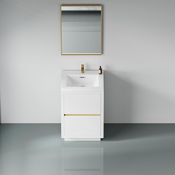 24 Inch Bathroom Vanity with Sink, Single Sink Bathroom Vanity, Freestanding Vanity Bathroom Soft Closed 2 Drawers, Integrated Sink (Glossy White)