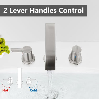 Brushed Nickel Bathroom Faucet 3 Hole 8 Inch Widespread Waterfall | 2-Handle Vanity Faucet, Pop-Up Drain, Supply Lines, Adjustable 4- to 16-Inch Widespread Fit, 360° Swivel Spout