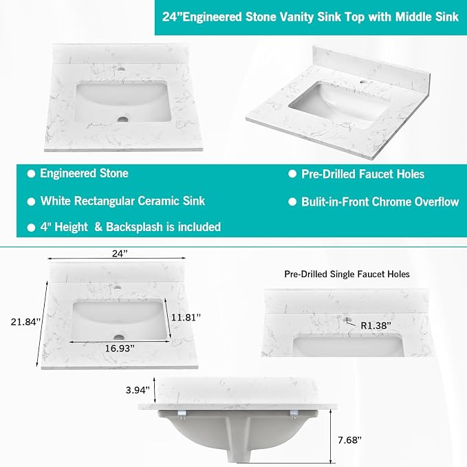 24"x22" Engineered Stone Bathroom Vanity Top with Rectangular Undermount Ceramic Sink, Single Faucet Hole with Backsplash Bathroom Vanity Sink Top (Cabinet Not Included)