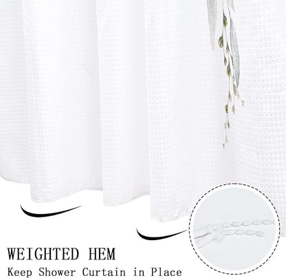 Eucalyptus Leaf Waffle Textured Shower Curtain, Weighted Bottom Watercolor Green Leaves on The Top Plant with Floral Bathroom Curtain Bathtub Home Decor Waterproof Fabric with 12 Metal Hooks