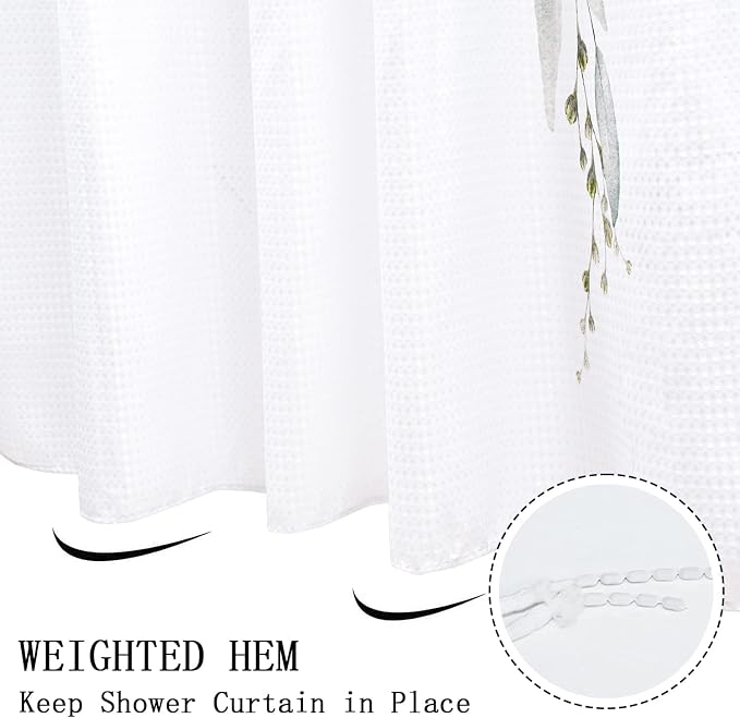 Eucalyptus Leaf Waffle Textured Shower Curtain, Weighted Bottom Watercolor Green Leaves on The Top Plant with Floral Bathroom Curtain Bathtub Home Decor Waterproof Fabric with 12 Metal Hooks
