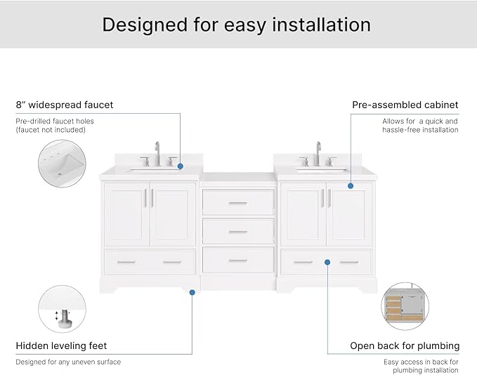 ARIEL Stafford 84-inch Bathroom Vanity with Sink,Solid Wood, 1.5in Carrara White Quartz Countertop & Backsplash, Double Rectangular Porcelain Sink, 4 Soft Closing Doors, 5 Dovetail Drawers, White