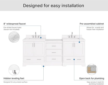ARIEL Stafford 84-inch Bathroom Vanity with Sink,Solid Wood, 1.5in Carrara White Quartz Countertop & Backsplash, Double Rectangular Porcelain Sink, 4 Soft Closing Doors, 5 Dovetail Drawers, White