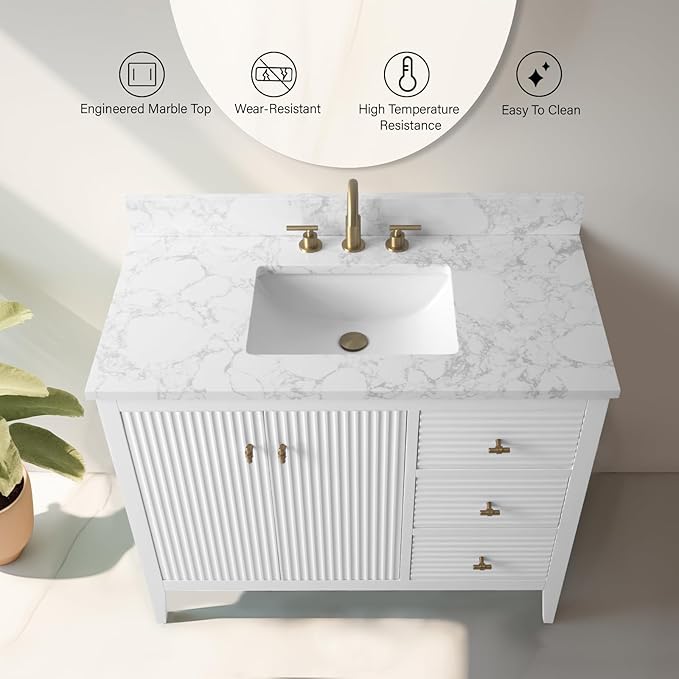 Vanity Art 42 inch Bathroom Vanity with Single Sink & Ceramic Top, Vanity Cabinet with Soft-Closing Door, Solid Wood Frame, Linear Pattern, White, VA9142-W-MB,Matte Black Handles