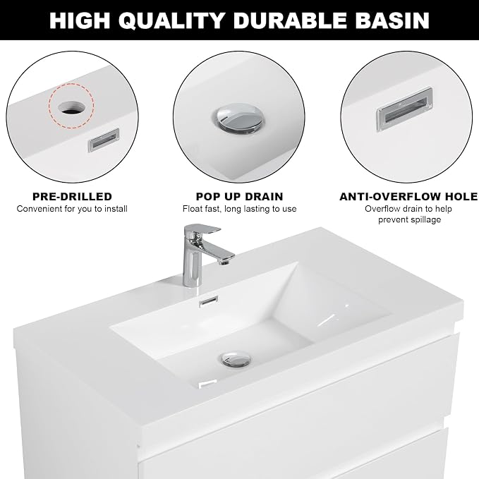 Pre-Assembled 36'' Wall Mounted Bathroom Vanity with Sink, Glossy White | Floating Bathroom Vanity with Solid Surface Top Basin, 2 Soft-Close Drawers, Resin Integrated Sink, Easy to Install & Clean