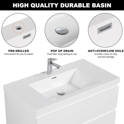 Pre-Assembled 36'' Wall Mounted Bathroom Vanity with Sink, Glossy White | Floating Bathroom Vanity with Solid Surface Top Basin, 2 Soft-Close Drawers, Resin Integrated Sink, Easy to Install & Clean