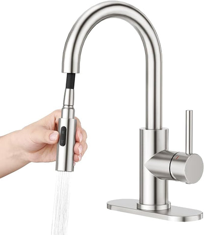 CREA Bathroom Faucet with Pull Out Sprayer,Brushed Nickel Single Handle Kitchen Bar Faucets for Mini Sink Pull Down Vanity Mixer Tap 2 Water Modes,cUPC/NSF