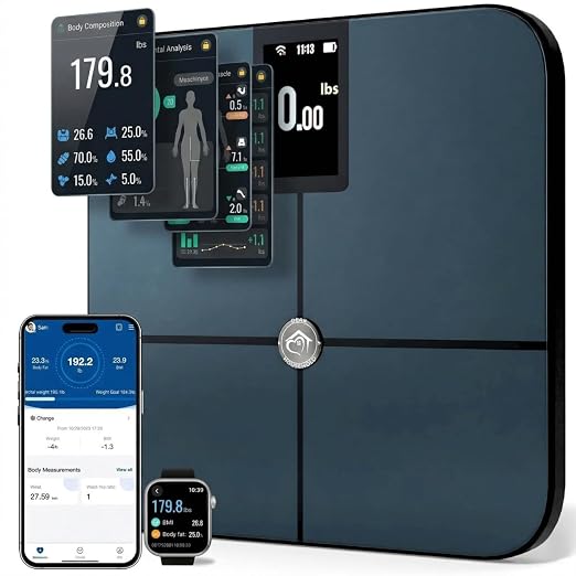 Premium Smart Digital Body Weight Scale - 4 Electrodes – 25+Metrics -Rechargeable- WiFi & Bluetooth - Full Body Analysis -Track Body Fat, Muscle Mass, Fat Percentage, Sleek Design
