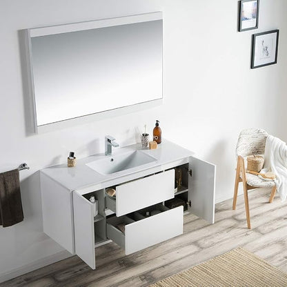 Blossom 48 Inch Bathroom Vanity with Sink, Wall Mounted All-Wood Floating Bathroom Vanity Cabinet with Ceramic Sink, Vanities for Bathroom, 2 Doors & Soft-Closing U-Shaped Drawers, Glossy White