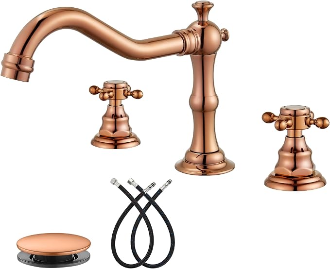 gotonovo 3 Hole 8’’ Widespread Bathroom Sink Faucet Rose Gold | Vintage Bathroom Faucet,2 Cross Handle,6-16’’ Sink,Vanity,Basin,RV,Farmhouse,SUS304,24’’ cUPC Hose Pop Up Drain,Deck Mount