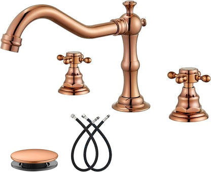 gotonovo 3 Hole 8’’ Widespread Bathroom Sink Faucet Rose Gold | Vintage Bathroom Faucet,2 Cross Handle,6-16’’ Sink,Vanity,Basin,RV,Farmhouse,SUS304,24’’ cUPC Hose Pop Up Drain,Deck Mount