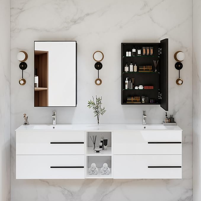 30 Inch Floating Bathroom Vanity - White Modern Wall Mounted Vanity with Sink, Soft-Close Two Drawers, Black Handles & Smooth Motion Glides (White, 30")