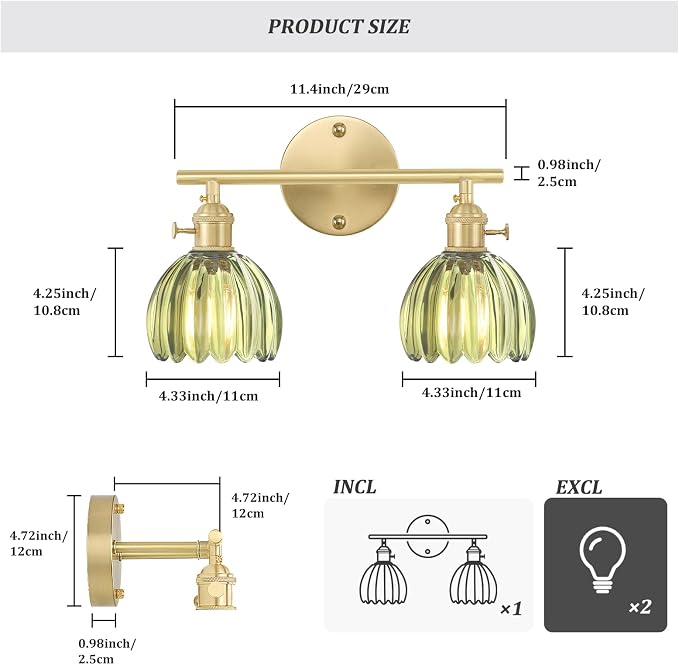 Shenmoyl Bathroom Light Fixtures, 2-Light Brass Vanity wall Light Over Mirror with Green Tulip Glass Shade for Bedroom Living Room (Bulb Not Included)