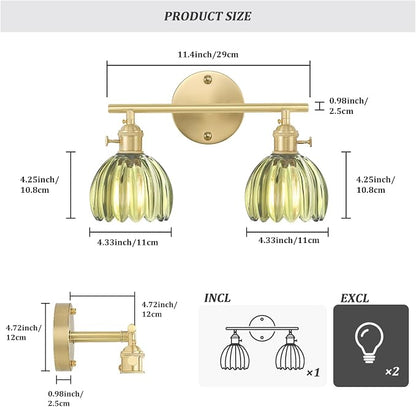 Shenmoyl Bathroom Light Fixtures, 2-Light Brass Vanity wall Light Over Mirror with Green Tulip Glass Shade for Bedroom Living Room (Bulb Not Included)