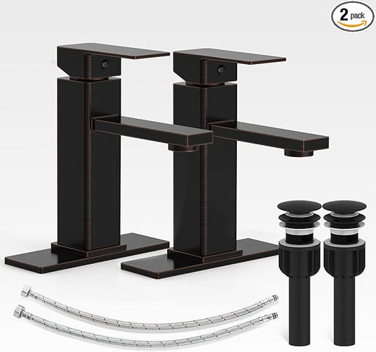 Bathroom Sink Faucet-2 Sets, Oil Rubbed Bronze Bathroom Faucet with Pop-up Drain and 6 Inch Deck Plate, Single Handle for Modern Farmhouse RV Sink (2 Holes)